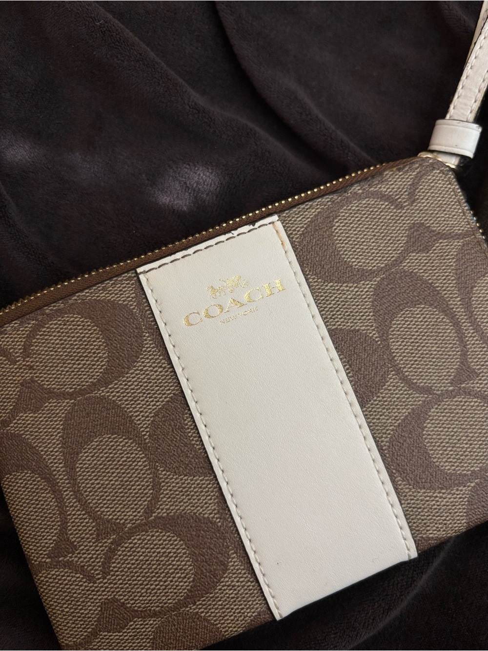 Coach Signature C Khaki & White Stripe Wristlet